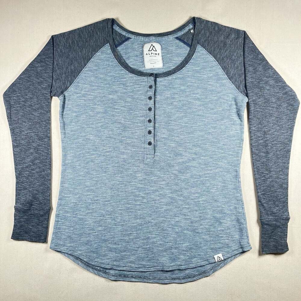 Alpine Design Henley Shirt L Blue Gray Waffle Knit Thermal Base Layer Raglan